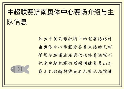 中超联赛济南奥体中心赛场介绍与主队信息