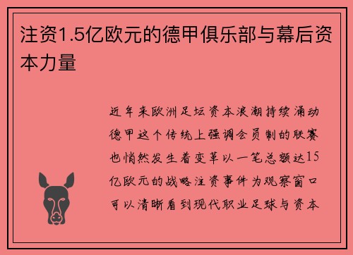 注资1.5亿欧元的德甲俱乐部与幕后资本力量